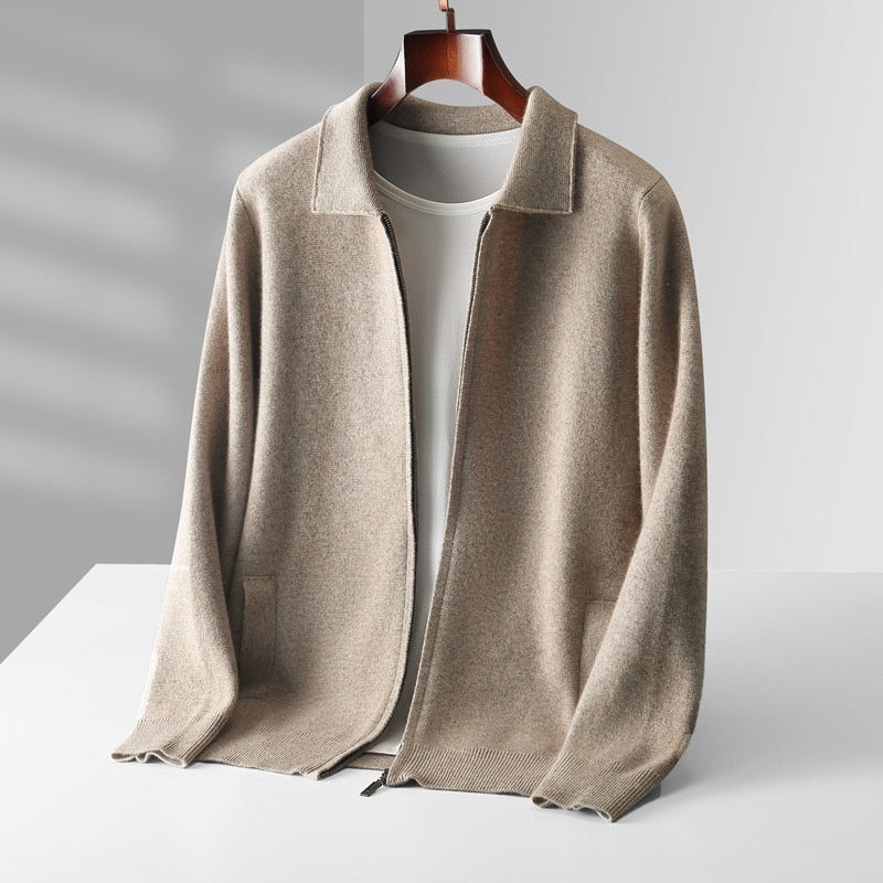 Extrafeine Merino-Wolle Reißverschluss-Polo-Strickjacke